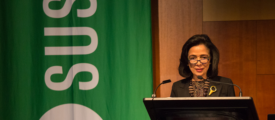 Former FIT President Dr. Brown ath the podium during Sustainabilty Conference