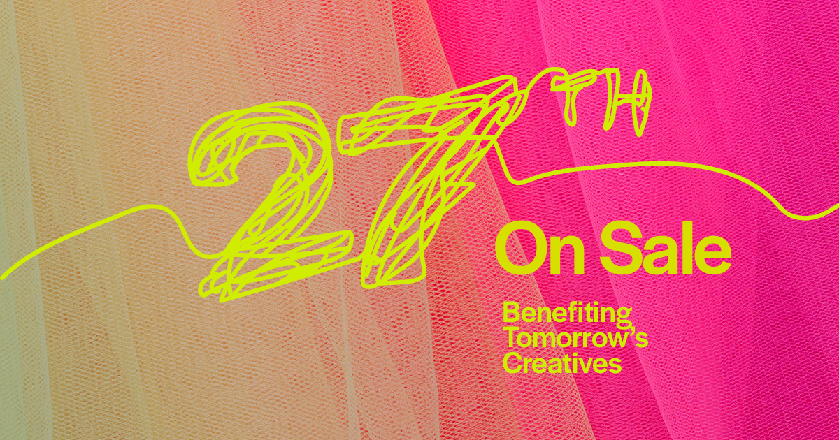 27th on Sale logo in lime green on top of pink tulle, with text that reads: 27th on Sale/Benefiting Tomorrow's Creatives