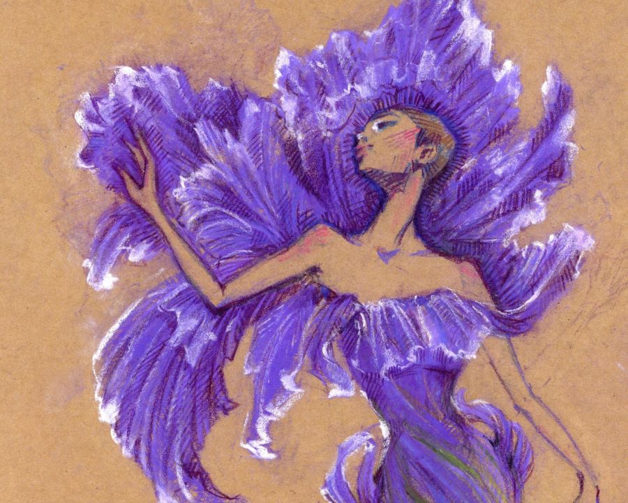a drawing of a model wearing a form-fitting, iris flower-like dress. Iris petal-like shapes envelop the upper body of the model her head and shoulders against the beautiful shapes in shades of violet with white highlights.