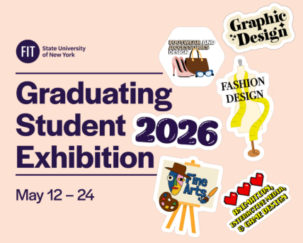 On a pale dusky rose background, art and design disciplines represented by clipart-like illustrations on unique sticker shapes, laid out at angles without overlapping each other. Exhibition title and dates are written in black text.