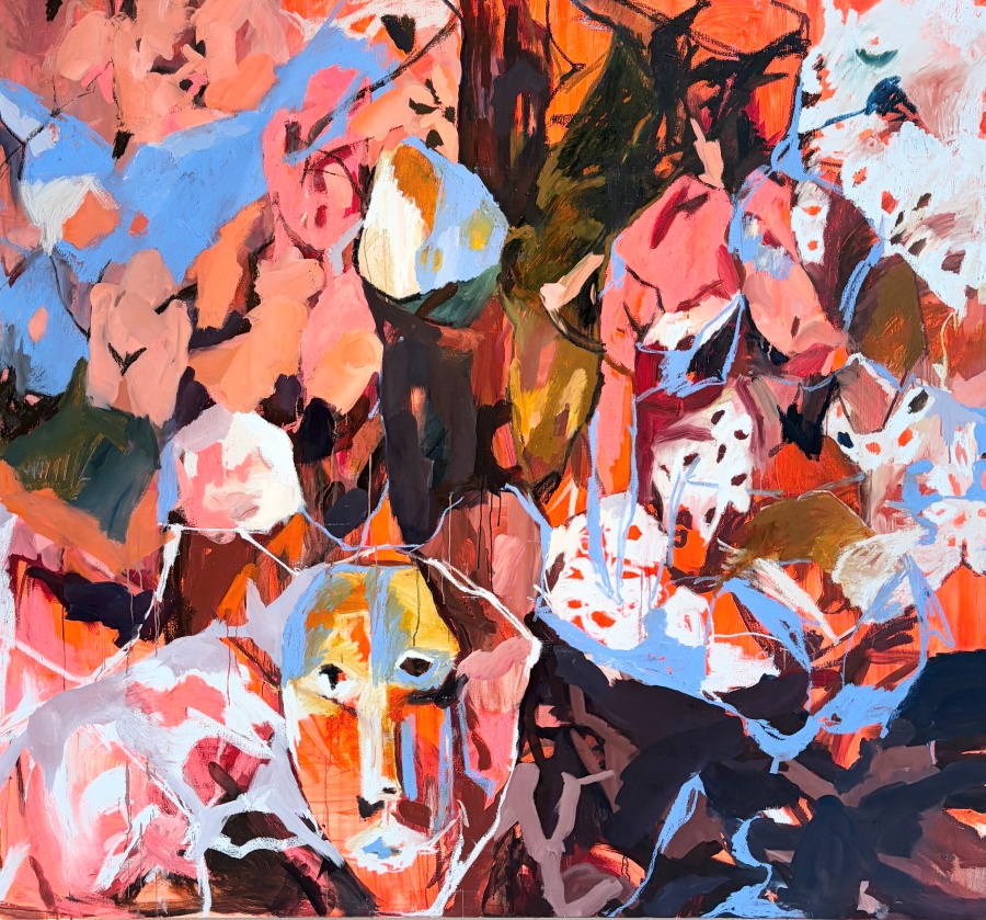 an abstract oil painting in a range pinks, oranges, blues, browns, and earth tones