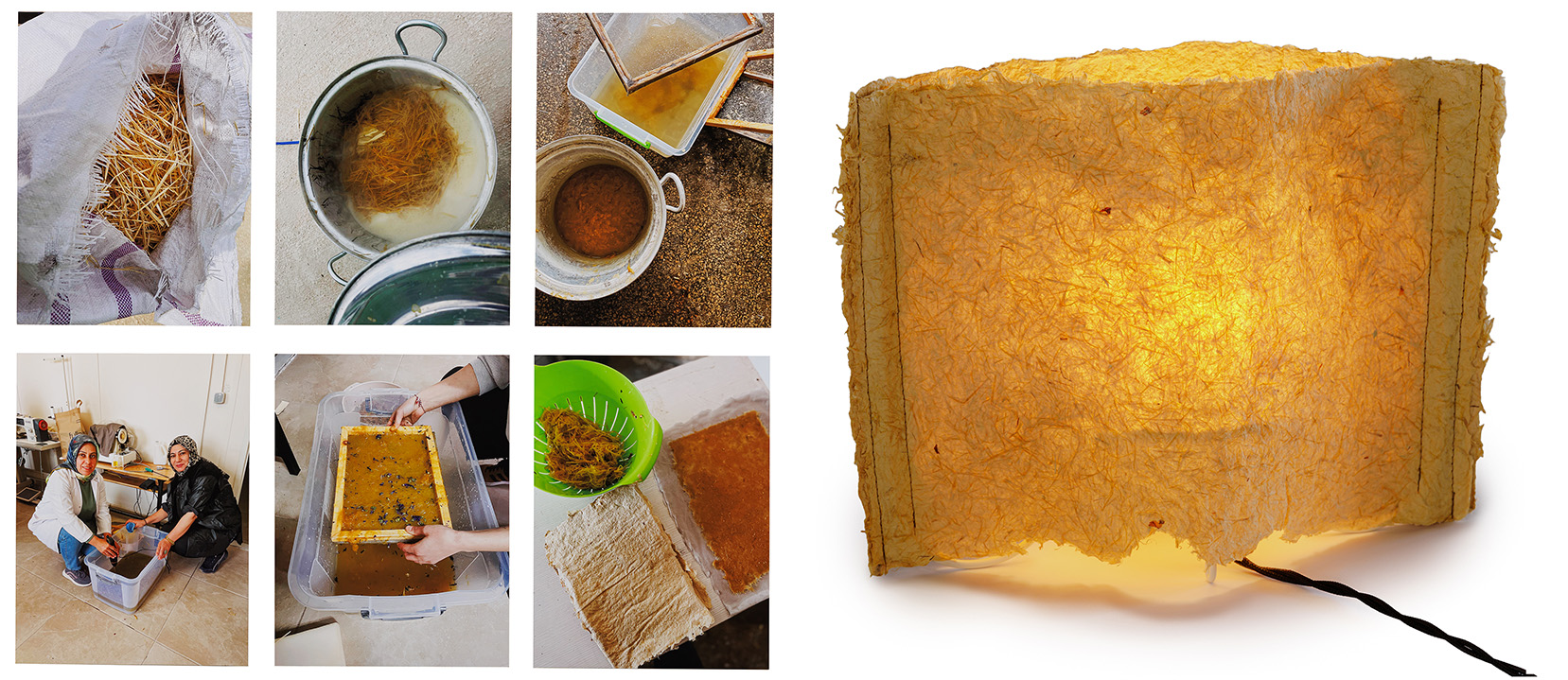 a collage of images in documenting artisans in a process of creating a solid paper-like surface from plant based materials. Plant matter is collected, dried, then soaked, and processed to create pulp, which results in amber colored textured material, which is then sewn together to create a lampshade.