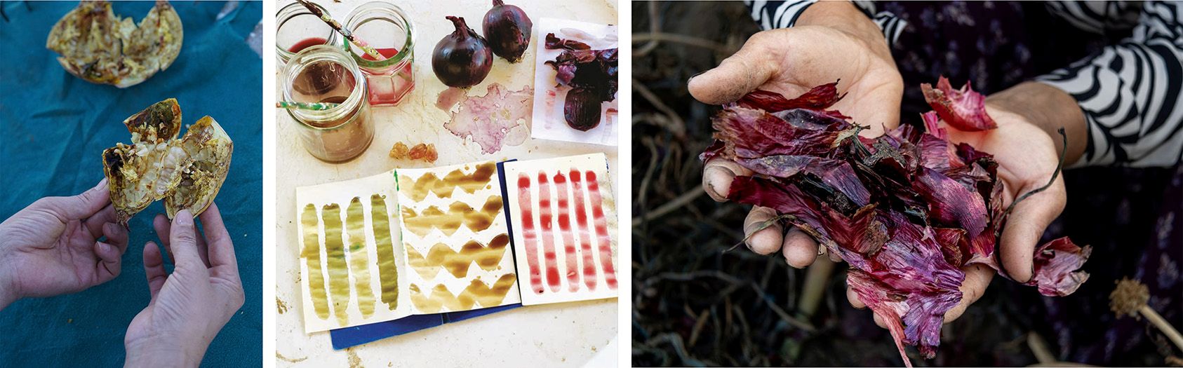 a collage of images showing raw materials in handfuls - dried red onion peels - pomegranate peels. Pigments are added to water based paints, and the resulting colors are tested on paper.