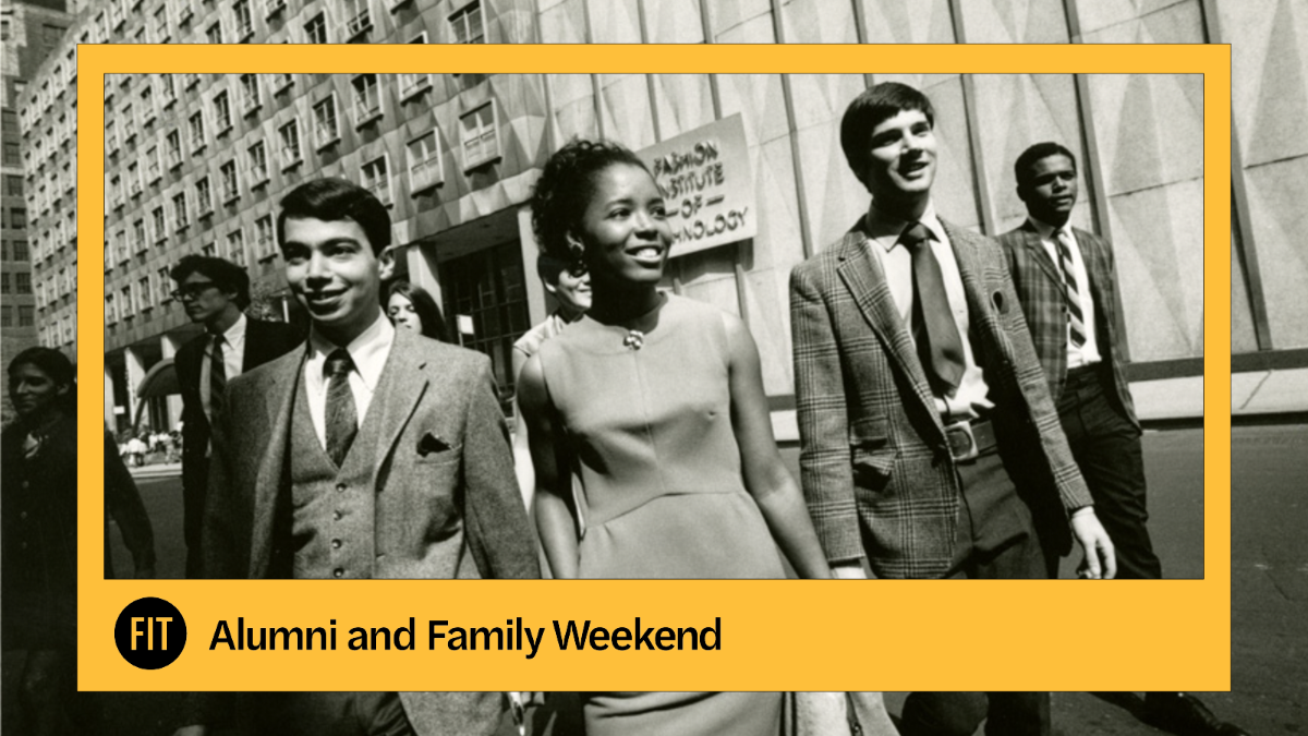 archival photograph of FIT students walking outside of Feldman Center in a yellow frame.