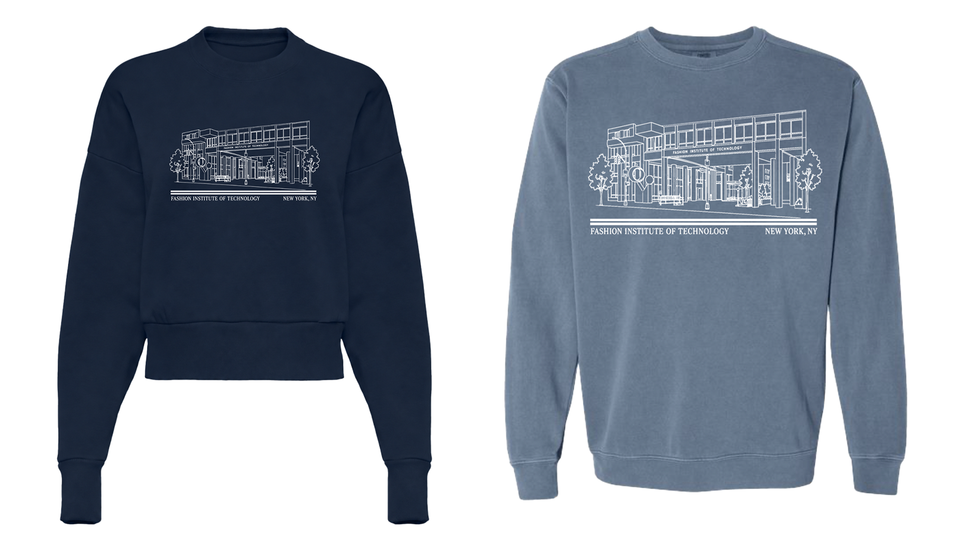 image of two sweatshirts with graphic of FIT campus. One is navy and cropped and the other is standard fit and lighter blue.