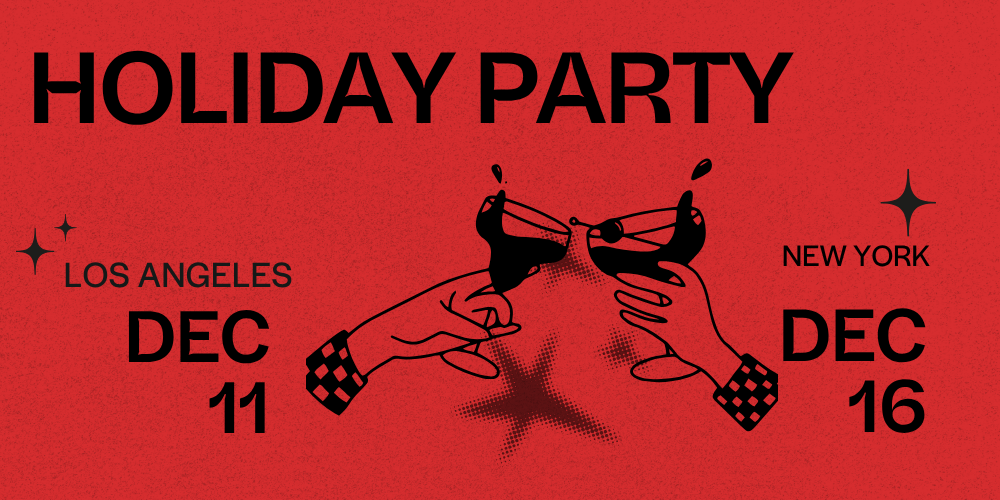 FIT Foundation and Alumni Holiday Party graphic shows two hands clinking drinks on a red background.