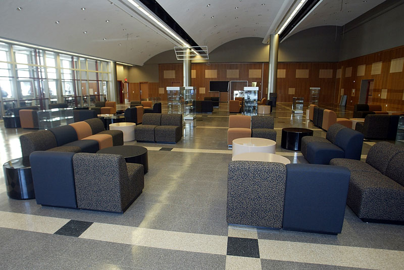 view of great hall set up with low couches and tables