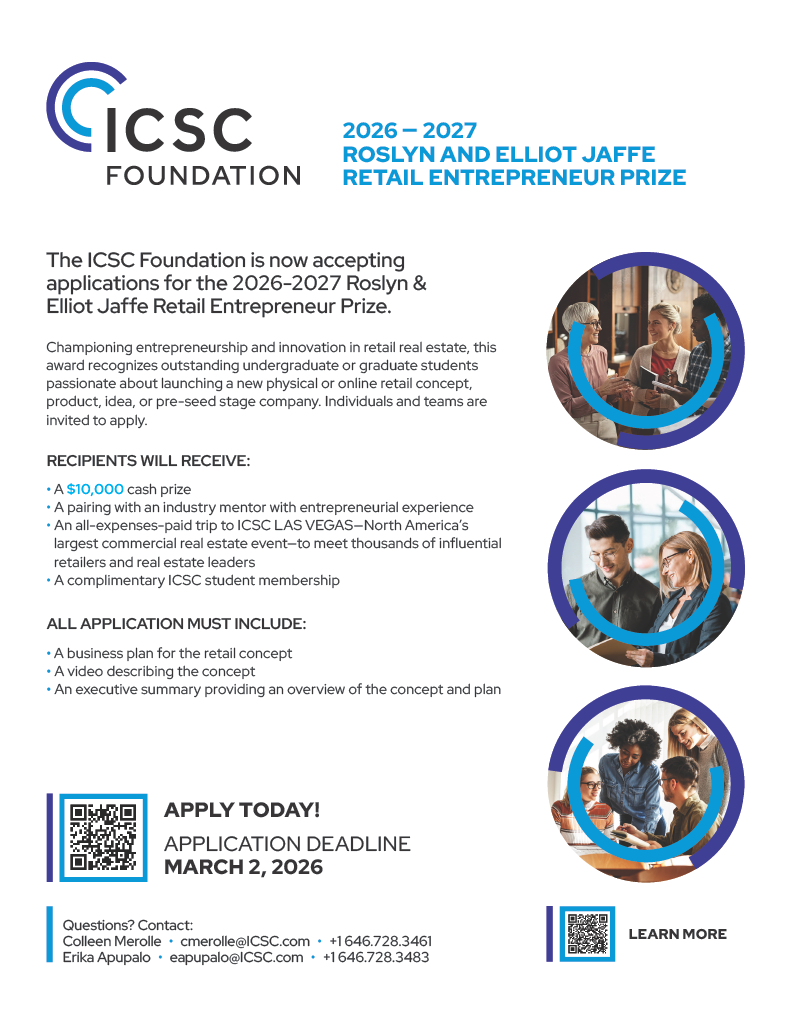 2026-27 ICSC Foundation’s Roslyn & Elliot Jaffe Retail Entrepreneur Prize Poster 