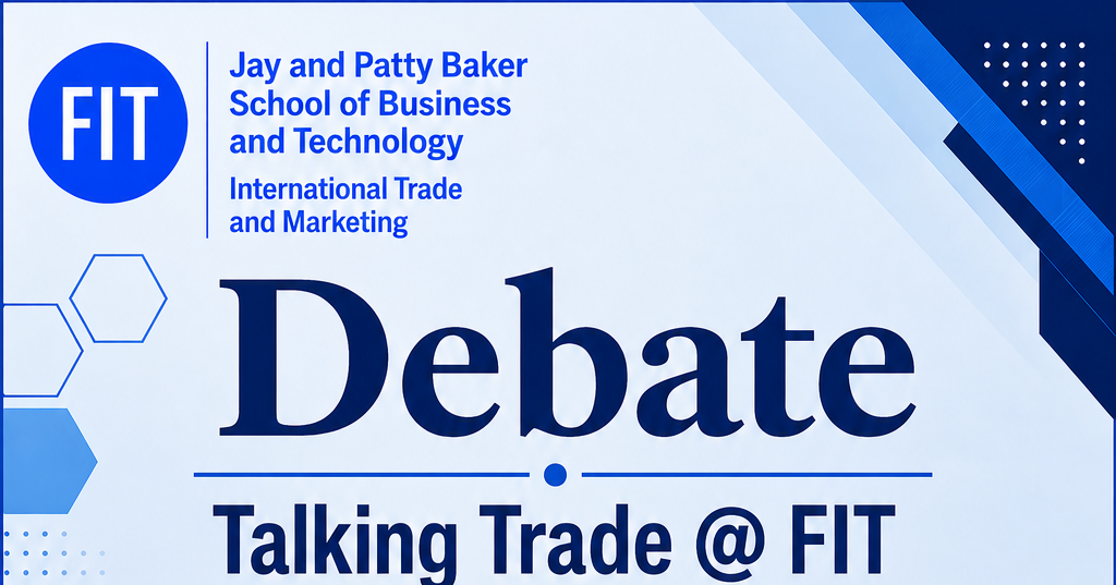 event graphic and text that reads "debate, talking trade at FIT"
