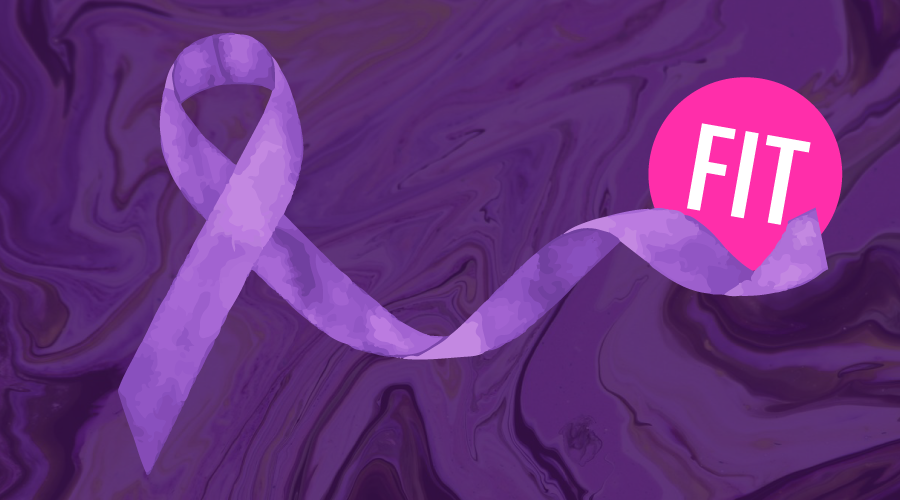 Purple awareness ribbon and pink FIT ball logo
