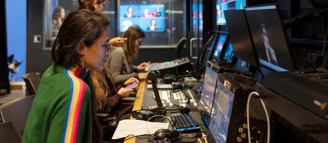 student working in video media lab at FIT