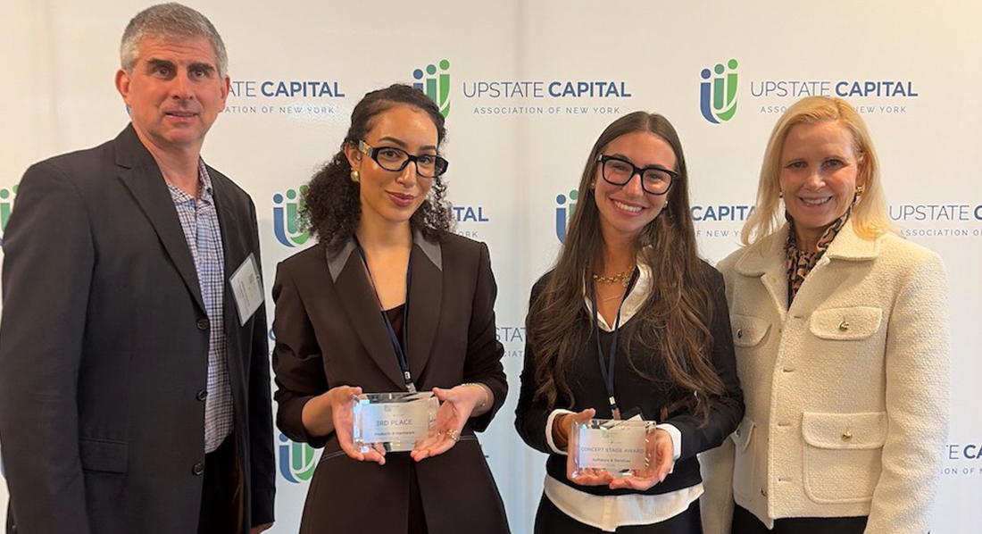 From left: Entrepreneurship chair William Reinisch, Yosra Belfaiz, Jordan Gottfried, and Entrepreneurship assistant professor Renee Leibler at the New York State Business Plan Competition.