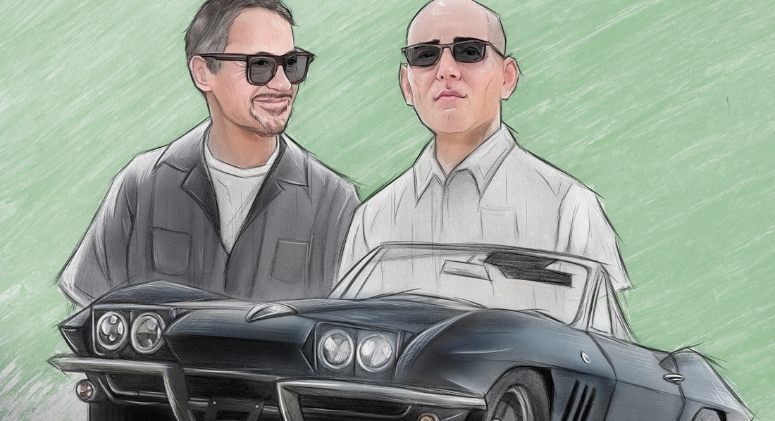 Stephen Campanella, Illustration ‘22, drew Downey Jr., Mazzilli, and a 1965 Chevrolet Corvette convertible using graphite pencil and digital manipulations.