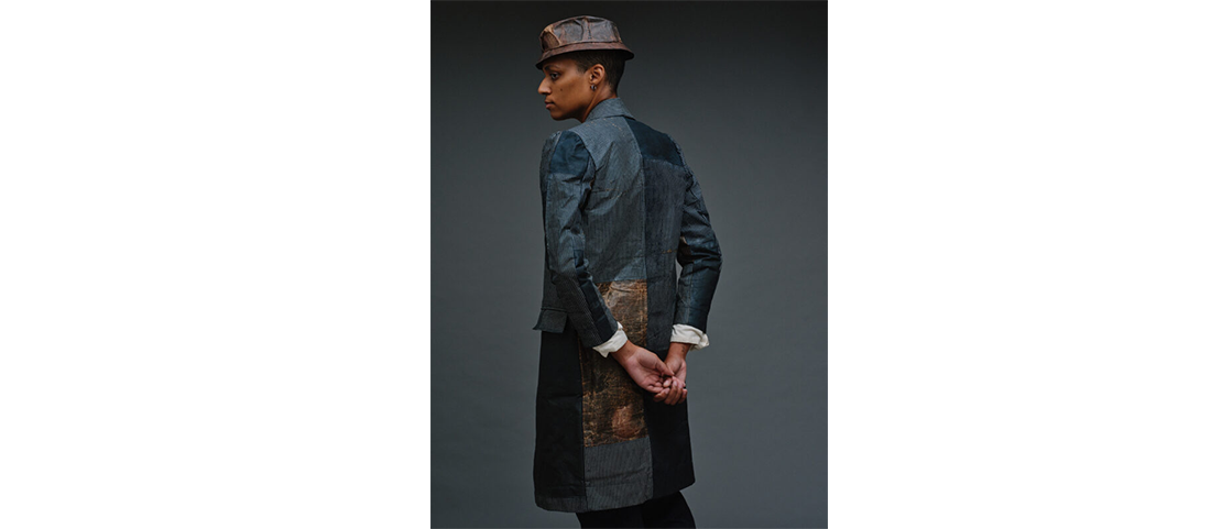 Suited Atelier bespoke hat and mackintosh made of regenerative microbial biotextile. Photo: Jon Brown