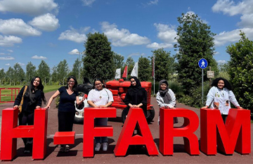 FIT participants at H-FARM Campus entrance, from left: Paloma Sanchez Maria, Kathlin Argiro, Shayna Ethridge, Maliha Ayaz, Labiba Islam, and Alma Sossa.