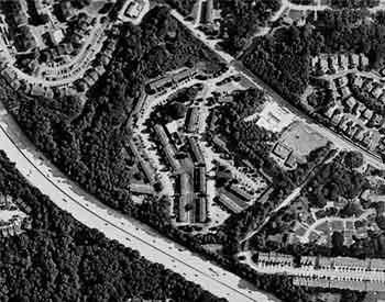 birds eye's view of a highway in black and white