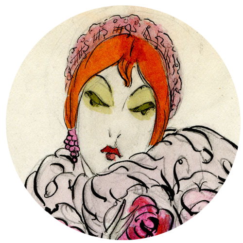 Drawing of a redheaded woman with red lips and yellow eyeshadow wearing a pink hat, grape earrings, and a large scarf that obscures her chin.