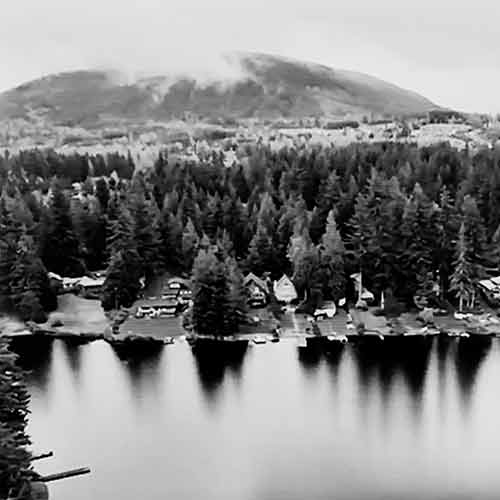 a lake with forest behind it