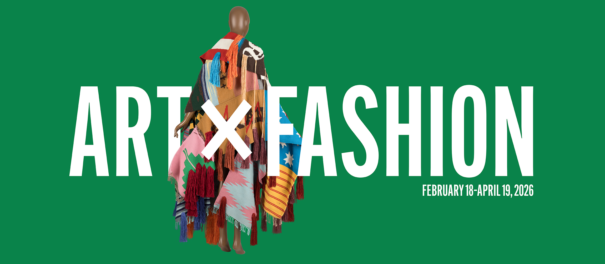graphic green banner with mannequin in a coat made from colorful woven blankets