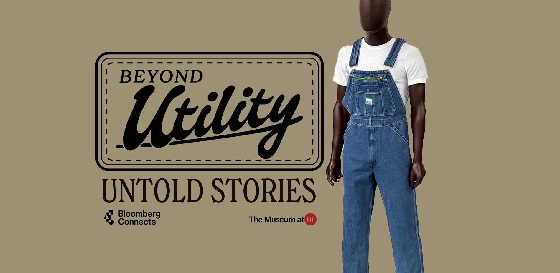 denim overalls with white tshrit and text, "Beyond Utility: Untold Stories"