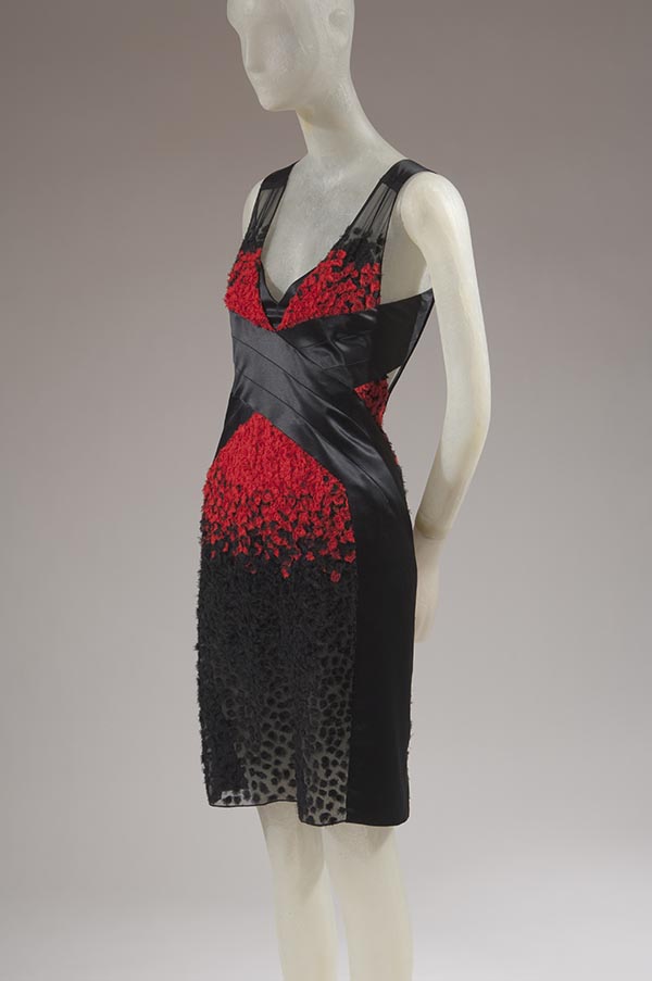 embroidered black and red silk knee length dress
