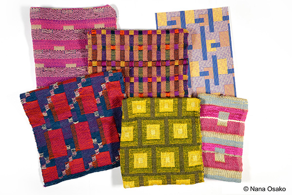 6 pieces of woven fabric, each with a different multicolored, geometric design
