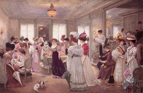 impressionist oil on canvas painting of women in the early 1900s wearing closed-skirted dresses and hats, shopping at the house of paquin