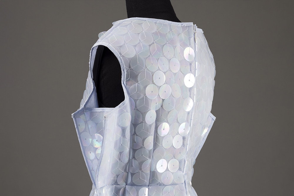 back view of lavender dress with oversized sequin detailing