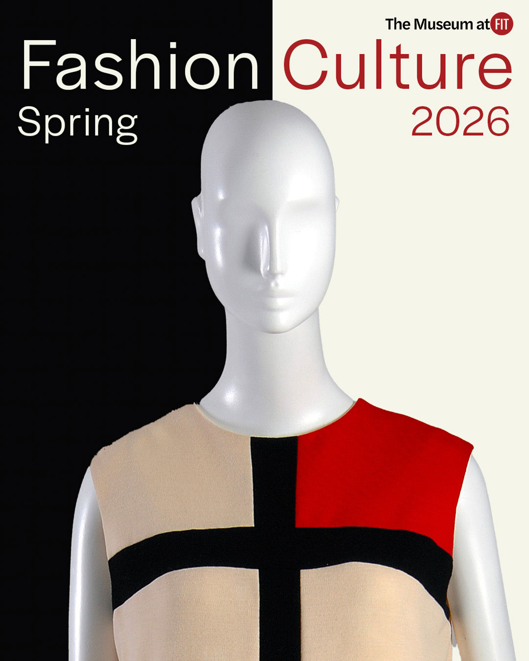 ivory sleeveless dress with a black horizontal and vertical band intersecting at the bust