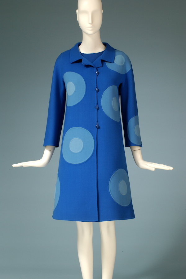 blue a-line shift dress with 9 two toned medium and light blue circles