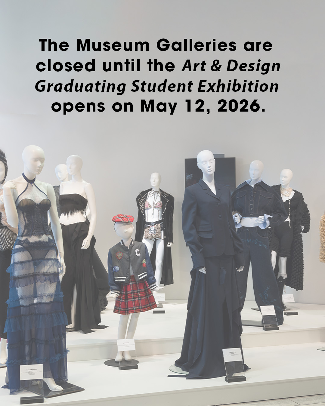 2025 Graduating Student Exhibition installation featuring mannequins in children's wear, menswear, and women's wear
