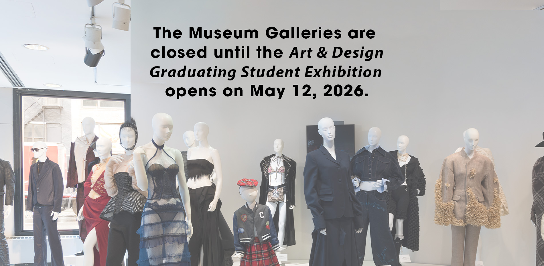 2025 Graduating Student Exhibition installtion featuring children's wear, menswear, and womenswear
