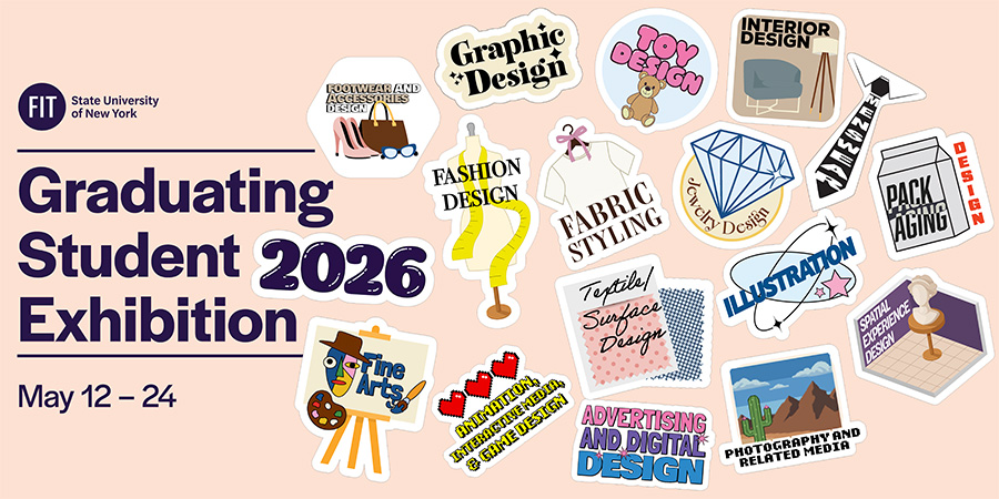 Banner for 2026 Graduating Student Exhibition features stickers that represent different majors"
