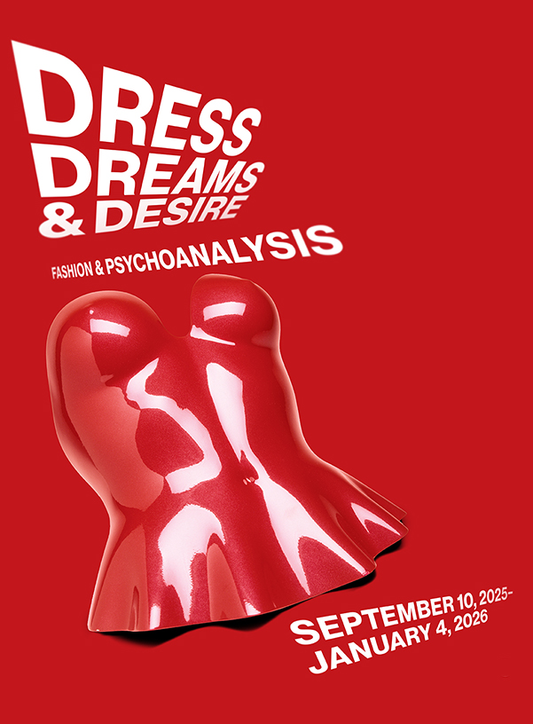 graphic of hard-shelled, red bodice with exhibition title and dates