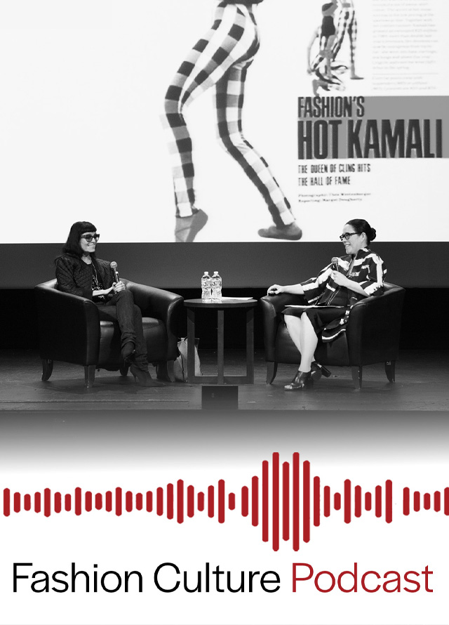 Poster for Fashion Culture Podcast with two women seated on a stage in front of a  screen with 1983 fashion image of a model in a checkered bodysuit striking a pose.