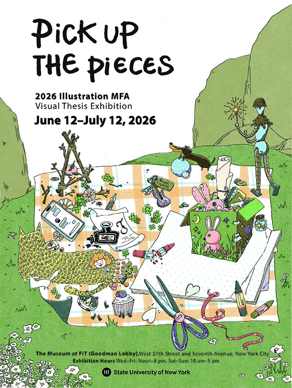 Illustration of a white and yellow plaid picnic blanket with various characters making art including a guitar, scissors, crayons, paper, and ink on a hill
