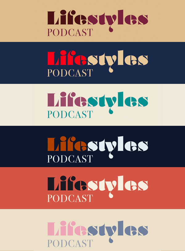 Lifestyles Podcast logo in various colorways in a vertical pattern