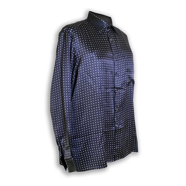 blue polka-dot long sleeved shirt