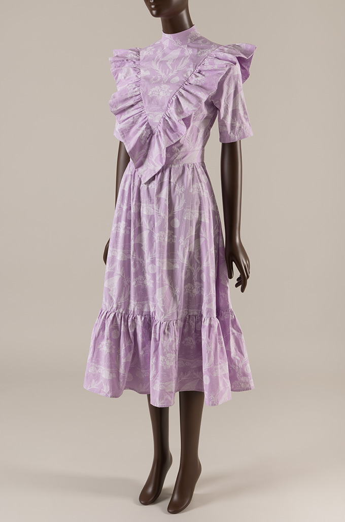 Purple and white toile print short sleeve dress with V ruffle bodice overlay