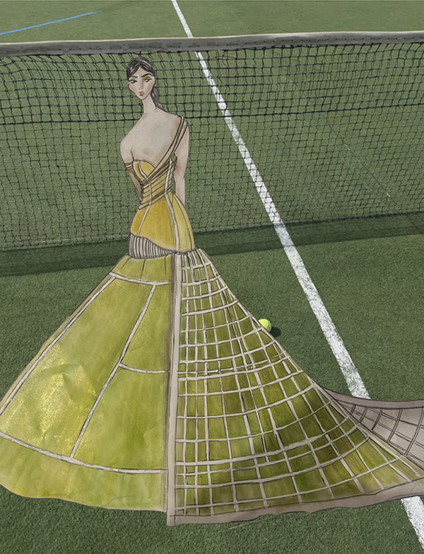 illustration of a tennis ball yellow ball gown with a skirt that has tennis court markings a net serving as a train 