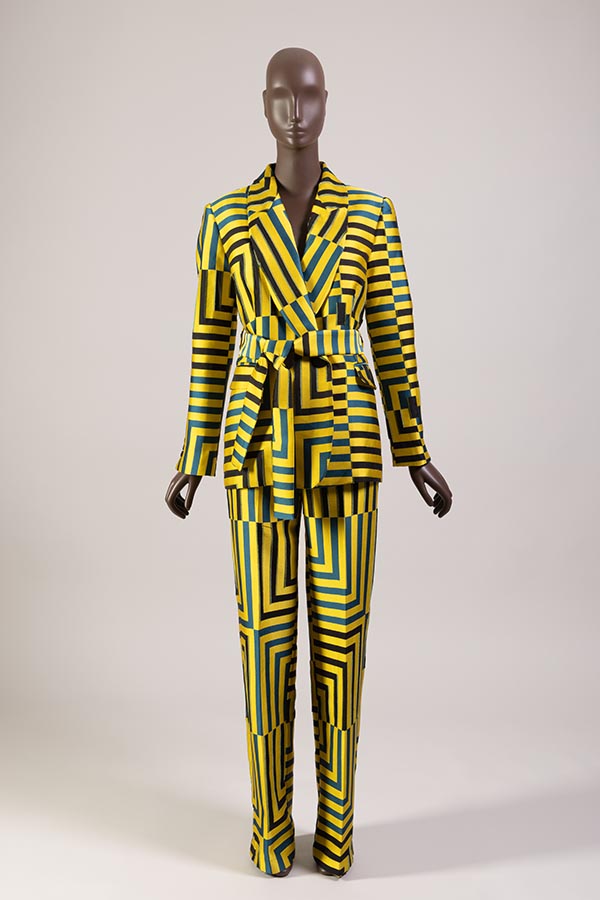 Yellow, blue and black geometric striped pantsuit with sash tie belt 