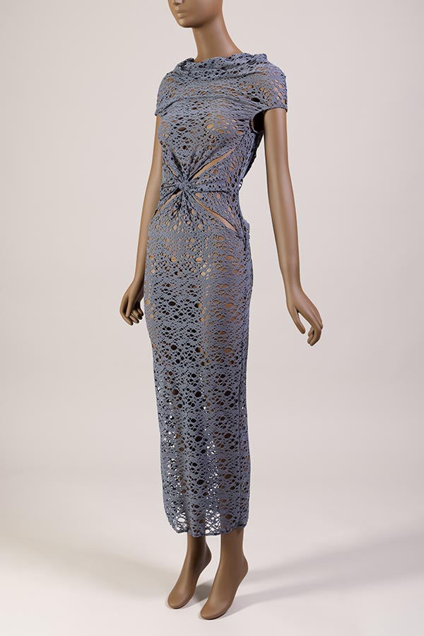 grey, short sleeve, fitted maxi dress with cowl neck and allover cutouts and knot detail at center front