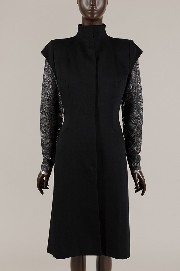 Knee length black coat with cap sleeves and long silver lace sleeves underneath
