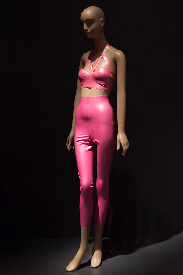 Pink letex bra style crop top with halter straps and matching pants