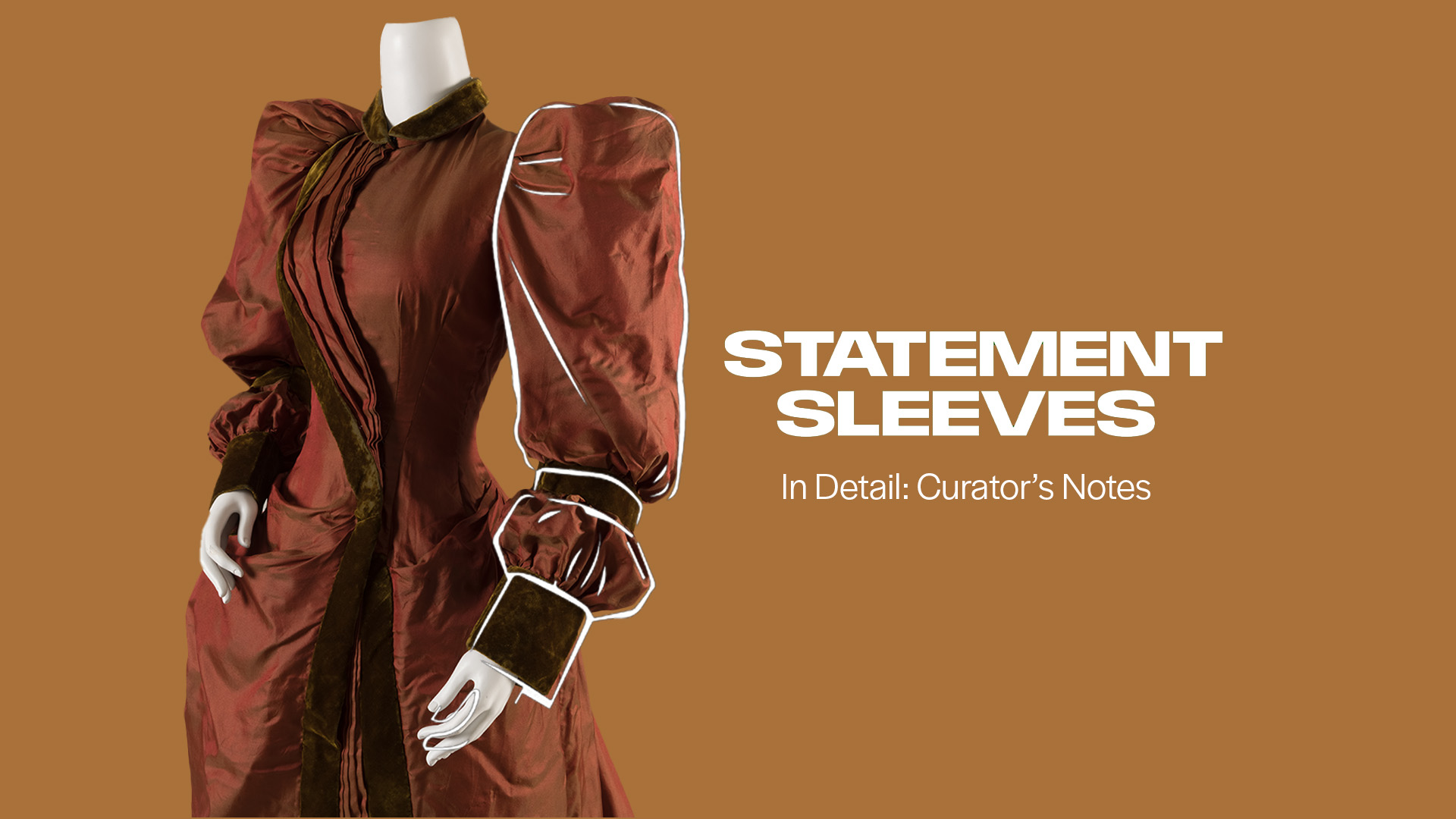 3/4 view of a 19th century dress with puff shoulders and sleeves defined by velvet bands positioned below the elbow and wrist