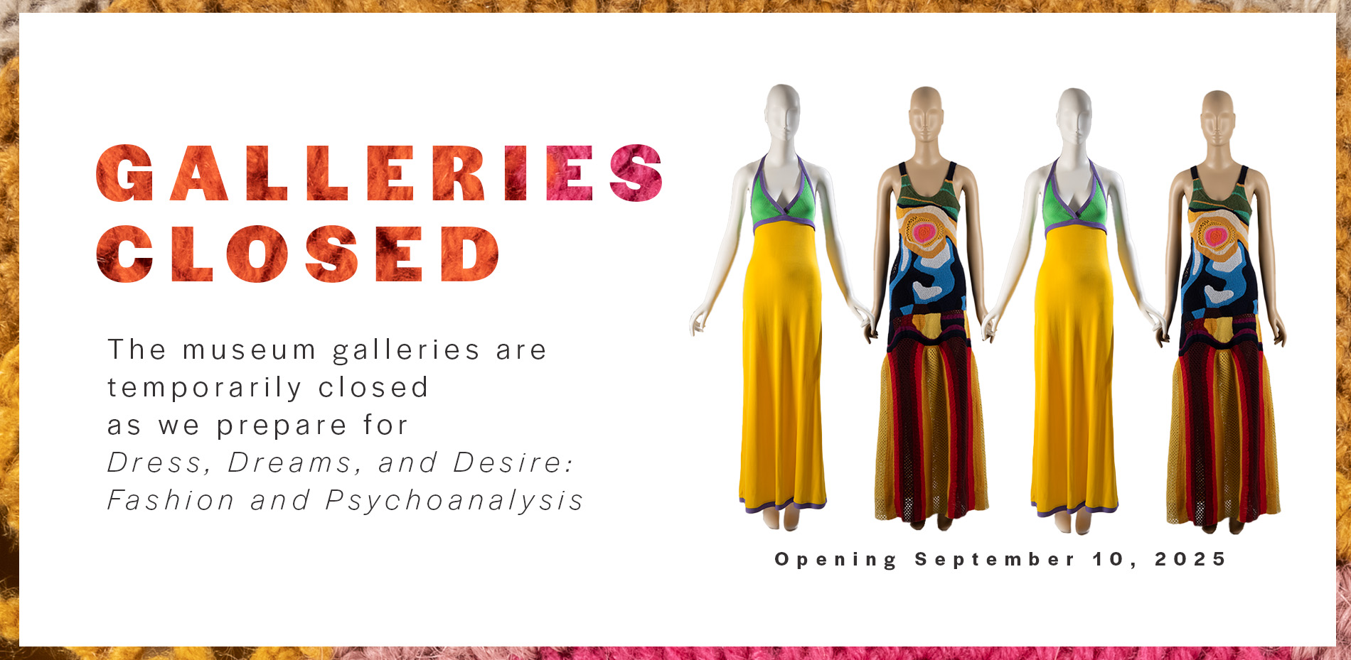 four mannequins in bright, multi-colored floor length summer dresses