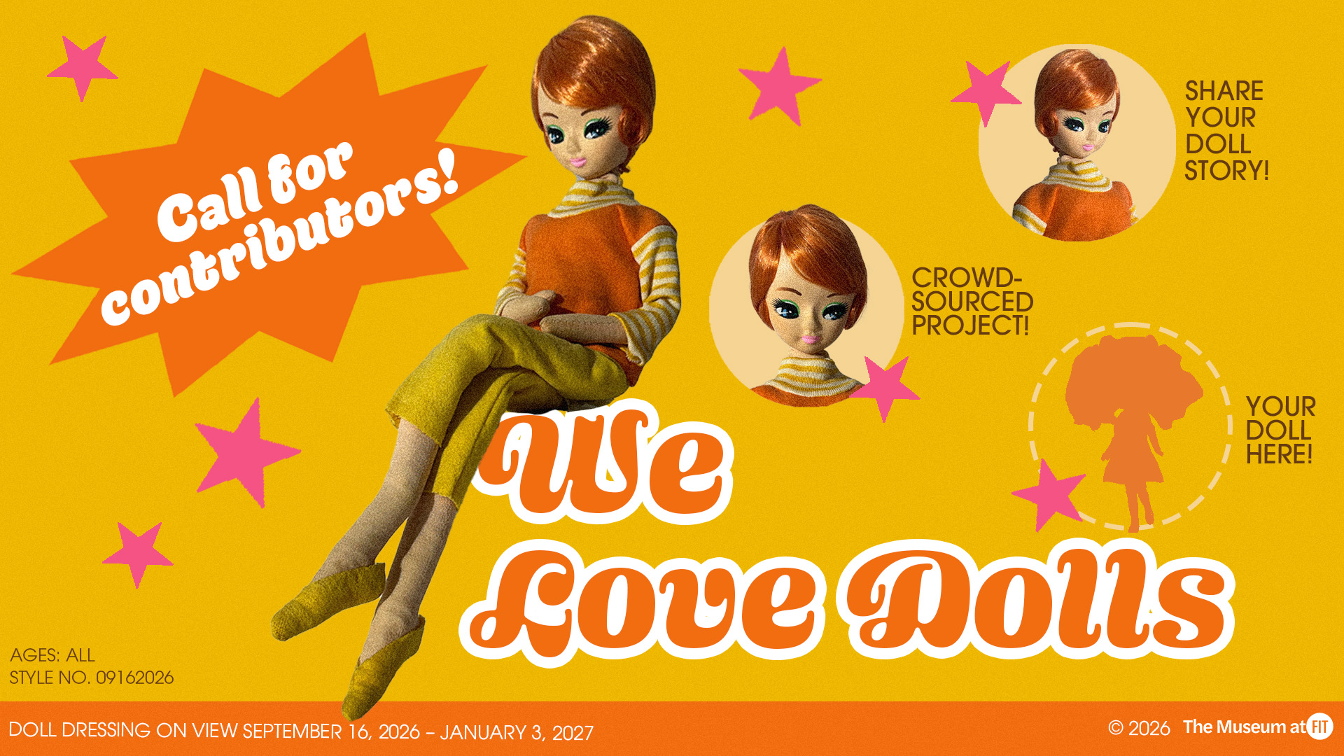 A retro 1960s-style promotional graphic on a bright yellow background. A vintage fashion doll sits in the foreground. Bold text reads: Call for Contributors! Share Your Doll Story! Your Doll Here! We Love Dolls. The border features decorative vintage product labels.
